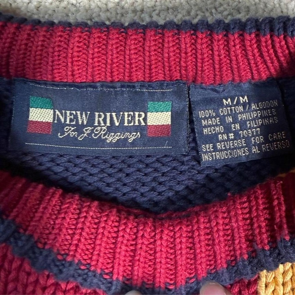 Vintage New River Colorblock Cotton Knit Sweater Men's M 90s Grandpa Preppy - Picture 2 of 5
